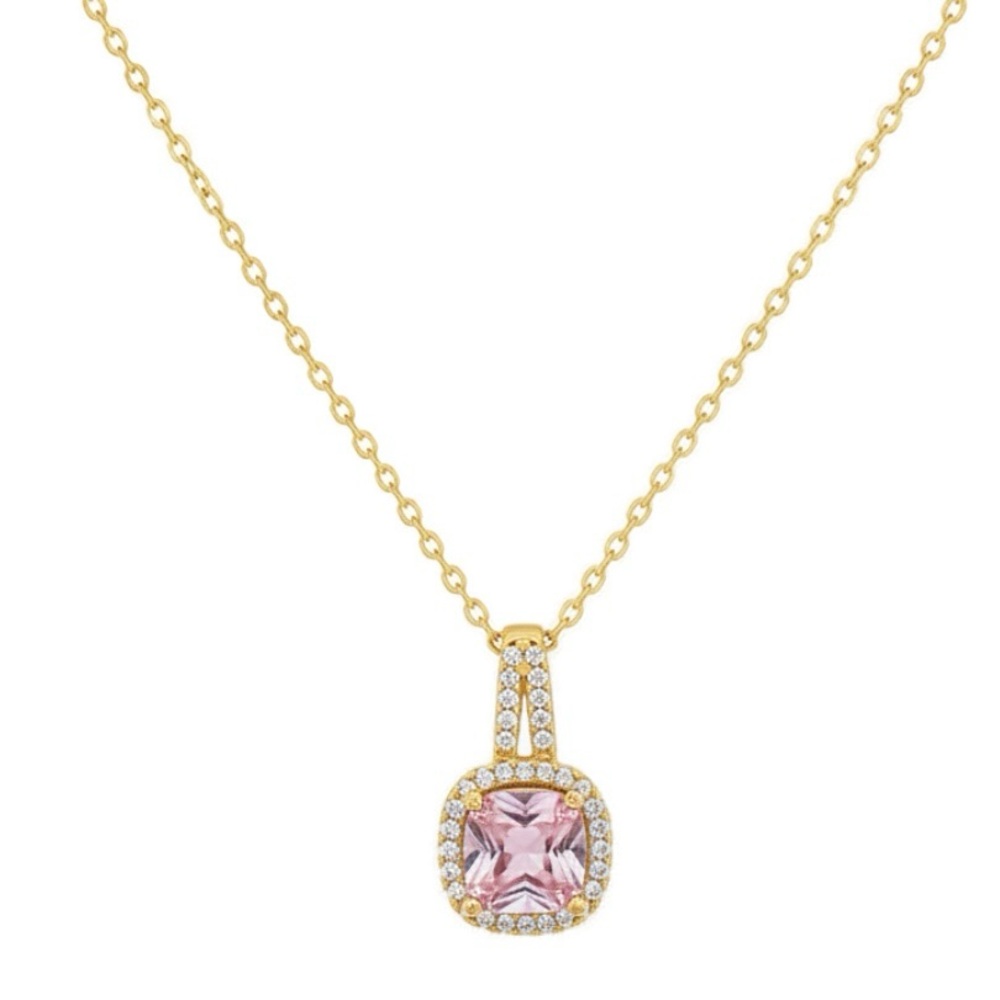 Pink Sapphire CZ Cushion Cut Halo Pendant Necklace 18K Gold Filled NWOT